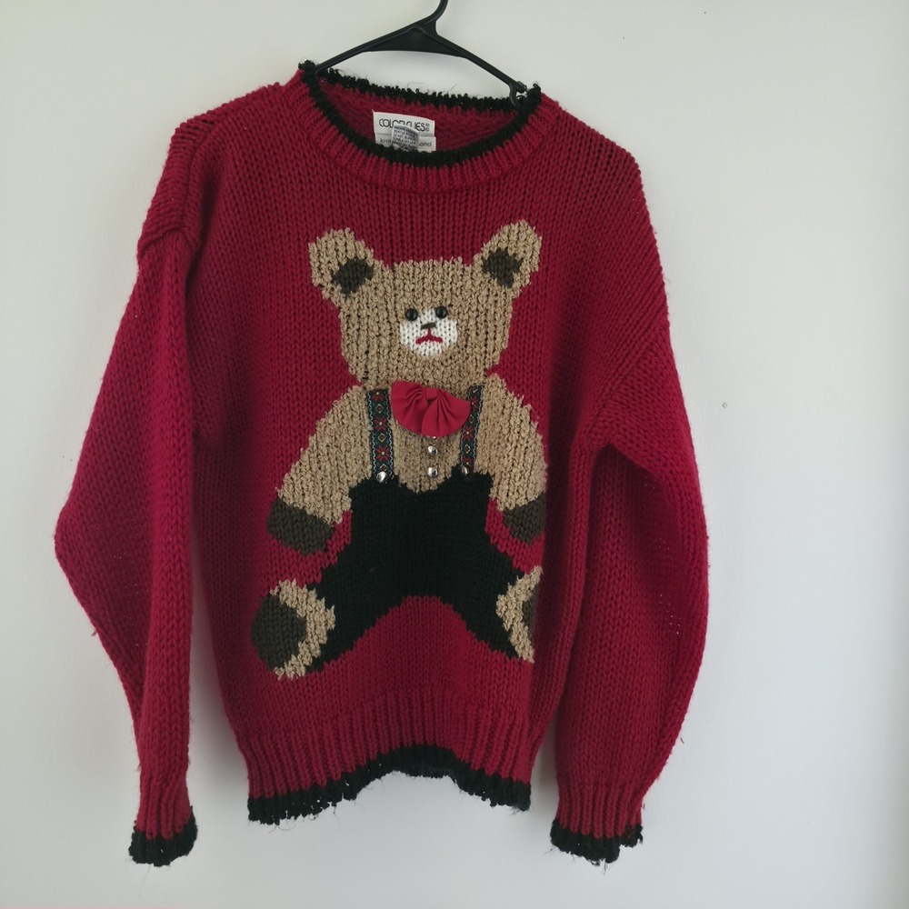 VTG Color Cues Hand Knitted Teddy Bear Sweater Red Chunky Knit 3D Bow 80s 90s M